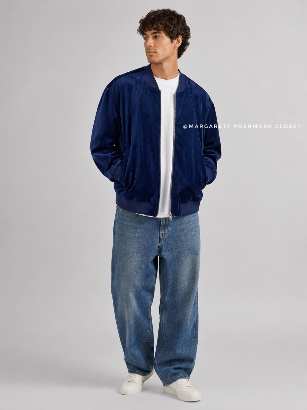Navy Blue velvet bomber jacket - Picture 2 of 8